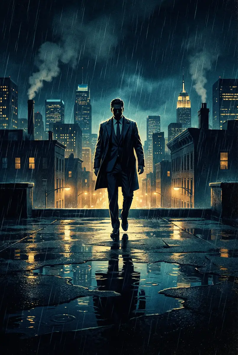c的你走不了路 出品影片《雨夜独行者》海报，雨中城市屋顶男性剪影